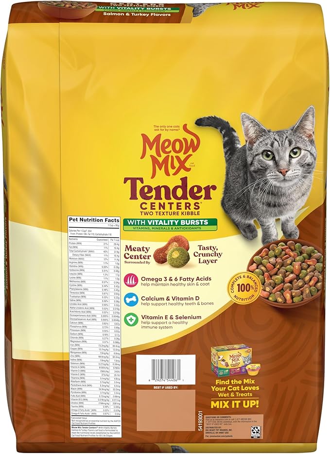 Meow Mix Tender Centers Dry Cat Food, Salmon & Turkey with Vitality Bursts, 14.2 Pound Bag