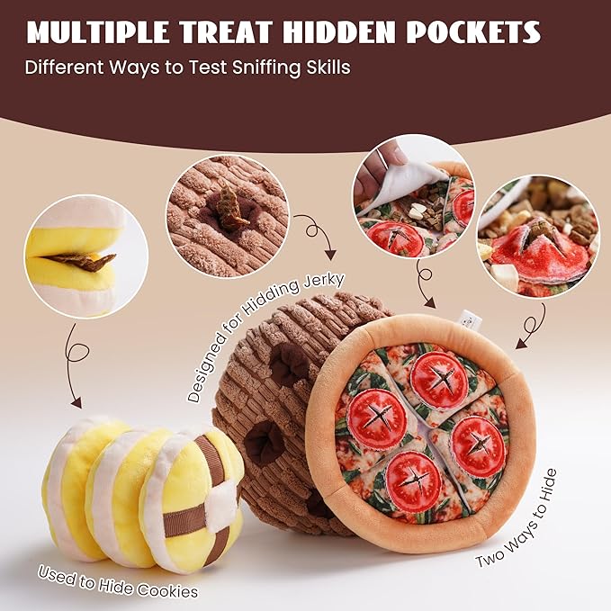 Nocciola Hide Treat Seek Food Dog Toys- Interactive Enrichment Burrow Snuffle Plush Stuffed Puppy Toys, Fun Crinkle Squeaky Durable Entertained Pet Supplies for Small Medium Large Breed, 3 Packs