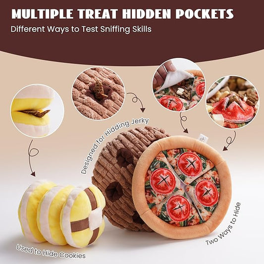 Nocciola Hide Treat Seek Food Dog Toys- Interactive Enrichment Burrow Snuffle Plush Stuffed Puppy Toys, Fun Crinkle Squeaky Durable Entertained Pet Supplies for Small Medium Large Breed, 3 Packs