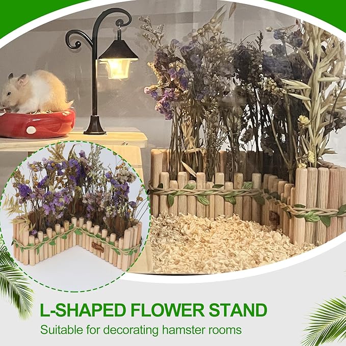 Hamster Cage Sprays Flower Foraging Holder - Natural Wood Feeding Stand, Small Pet Habitat Accessories for Hamsters Mouse Guinea Pig Dwarf Gerbils Syrian Mice (L Shape)