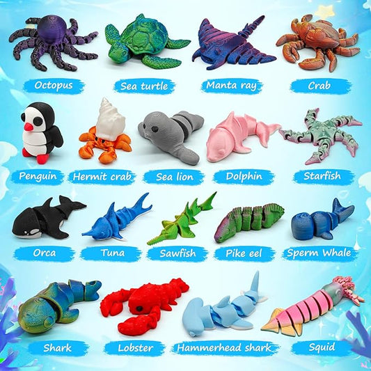 3D Printed Animal Figures Set, 18Pcs 3D Printed Toys, Ocean Animal Figurines Toys, Fidget Articulated Flexible Toy for Party Favors Birthday Gifts Office Desktop Home Decoration