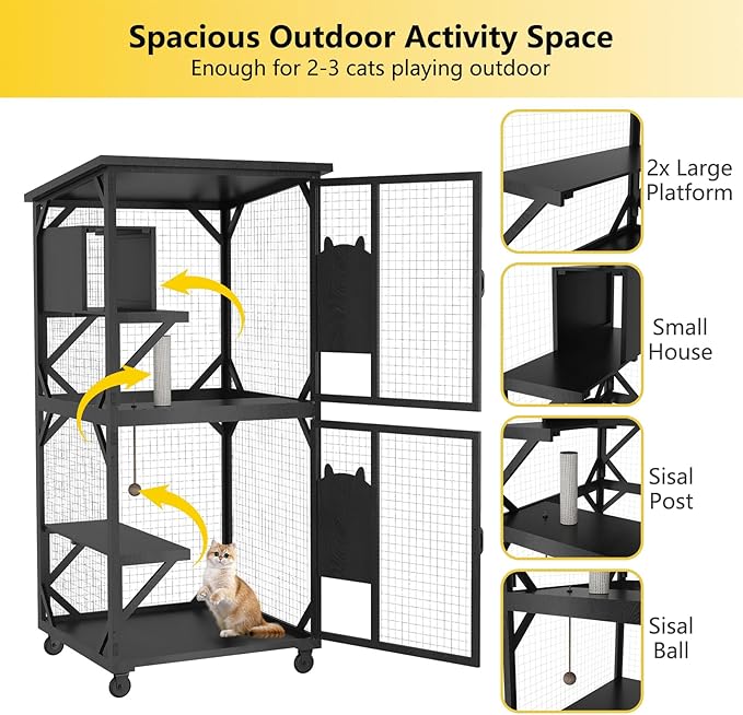 ROOMTEC Catio Outdoor Enclosure With Roof - 71" Height Wooden House, Large Cage With 3 Jumping Platforms and 1 Napping House for Cat Activity (Black)