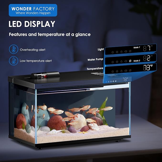 Smart Aquarium Fish Tank 5 Gallon Starter kit, Self Cleaning System Efficiency Filter 7 Color LED Lights Automatic Feeder Temperature Display Monitor HD UHA Glass Leak-Proof, Smart Control with Apps