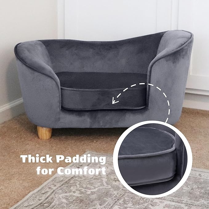 CRITTER SITTERS 28-in. Faux-Velvet Gray Dog Bed for Small-Sized Dogs and Cats, Elegant Oval Dog Couch, Grey