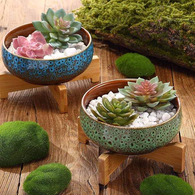 Baderke 2 Pcs Lotus Bowl Planter with Base Ceramic Hydroponic Planter Water Lily Bowl for Planting Aquatic and Indoor Plants Household Ceramic Basin Decor(Blue)