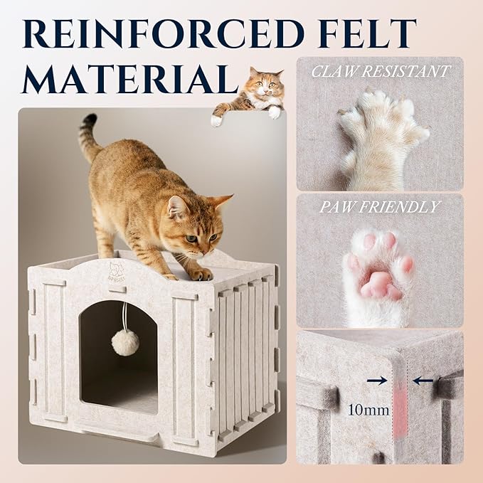 Apasiri Indoor Cat House Scratch-Resistant: Thermal Insulated Enclosed Felt Bed Cave with Hanging Ball Toy, No-Tool Assembly Hideaway for Anxious Cats & Kittens up to 35 Lbs