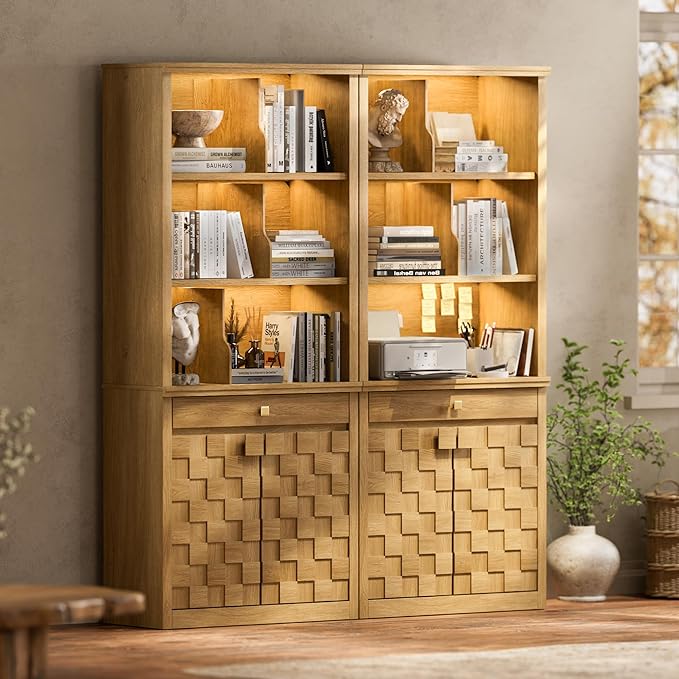 Fluted Bookcase with LED Light Set of 2, 72.2" Tall Standing Bookshelf with Drawer and Doors, Modern Storage Book Case Suite with 6-Tier Open Shelves for Office, Living Room, Bedroom (2, Original Oak)