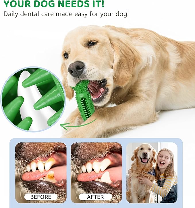 Dog Chew Toy for Teeth Cleaning, Natural Rubber Toothbrush Stick with 360° Bristles, Durable Dog Toys for Aggressive Chewers, Interactive Dental Toy for Medium and Large Dogs (Green)