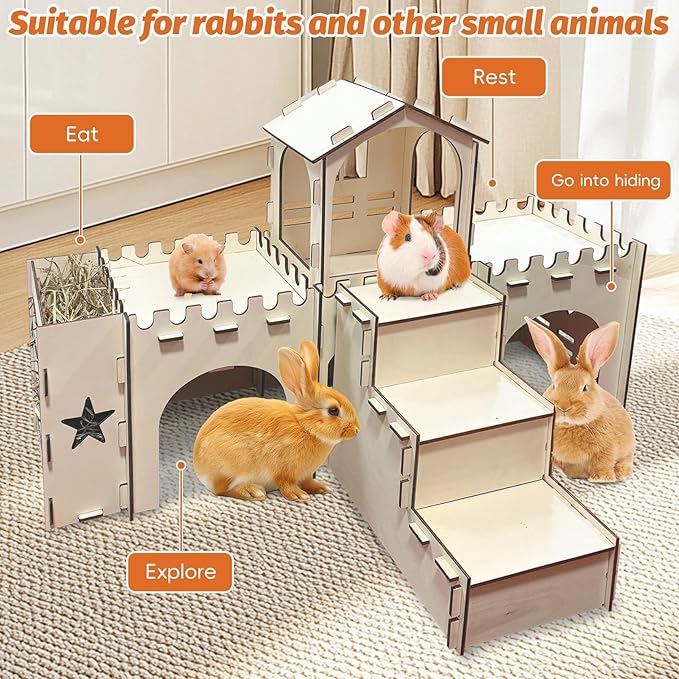 PINVNBY Extra Large Bunny Castle Hideout with Hay Feeder, Wooden Rabbit House Hide Climbing Detachable Indoor Wood Hideaway Castle Tower Tunnel for Rabbit Guinea Pig Hamster Chinchilla Ferret