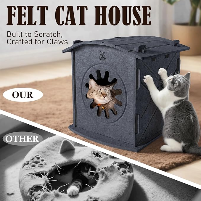 Apasiri Cat Houses for Indoor Cats Felt Cat House Cave Cathouse, 15x14x15Inch Scratch-Resistant Bed Warm Insulated Covered, Hideaway Tent for Anxiety Relief Gift, Grey
