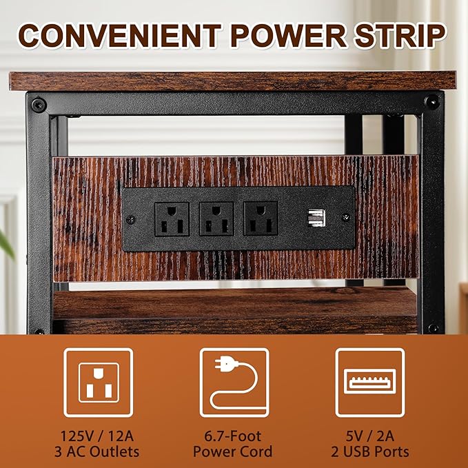 20-29-37 Gallon Fish Tank Stand with Power Outlet, Metal Aquarium Stand with Adjustable Shelves, 6-Leg Heavy Duty Reptile Storage Rack for Living Room, Office, Rustic Brown, 400LBS Capacity
