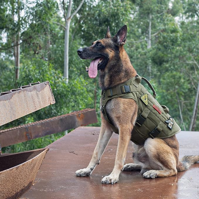 OneTigris Large Tactical Dog Harness, No Pulling Adjustable Dog Vest Harness, Heavy Duty Dog Harness with Handle, Large Hook and Loop Panels for Patch Green