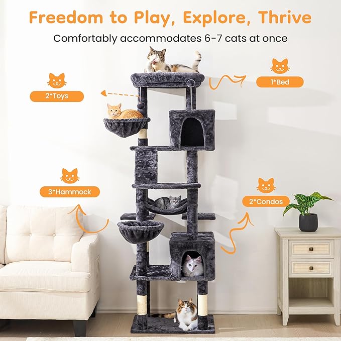 73" Multi-Level Cat Tree Tower for Large Cats with Scratching Posts, Condos, Perch, Hammocks & Toys, Large Cat Jungle Gym for Indoor Cats, Ideal for Multi-Cat Households, Grey