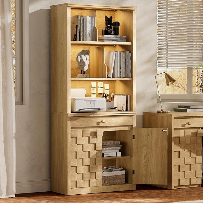 Fluted Bookcase with LED Light, 72.2" Tall Freestanding Bookshelf with Drawer and Doors, Modern Storage Book Case with 3-Tier Open Shelves for Home Office, Living Room, Bedroom (1, Original Oak)