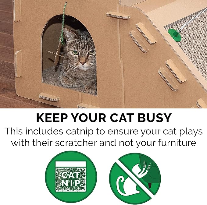 Furhaven Multi-Level Cardboard Cat House w/ Catnip for Indoor Cats, Ft. Scratching Pads & Toys - Farmhouse Corrugated Cat Scratcher Hideout - Cardboard Brown, One Size