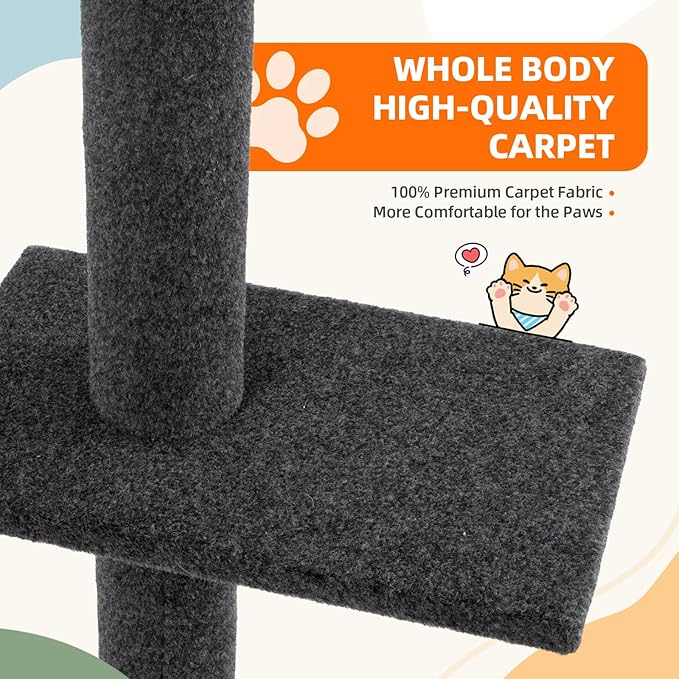 Cat Tree Floor to Ceiling Cat Tower 5-Tier Carpet Kitten Tree Cat Climbing Tower with Adjustable Height 98"-108", Tall Cat Trees with Platforms and Dangling Balls for Indoor Cats, Dark Grey