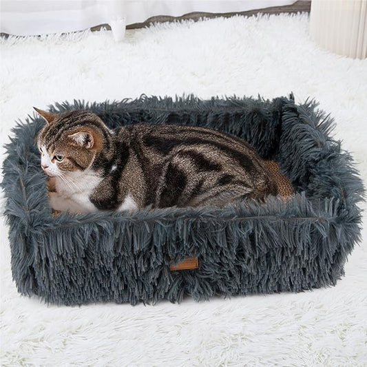 Fluffy Cat Scratcher Bed Box with Removable Cardboard, Corrugated Board Rectangular Cat Scratching Bed Lounge, Pet Scratch Pad for Furniture Protection (Dark Gray)