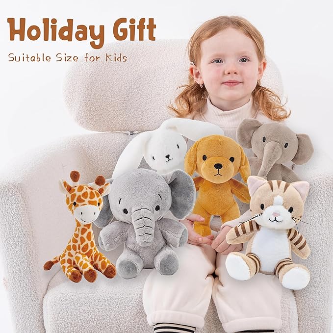 6 Pcs Stuffed Animals Bulk, 11 Inch Plush Animals, Safari Stuffed Animals, Small Stuffed Safari Animals, Cat Dog Elephants Giraffe Bunny for Party Animal Themed