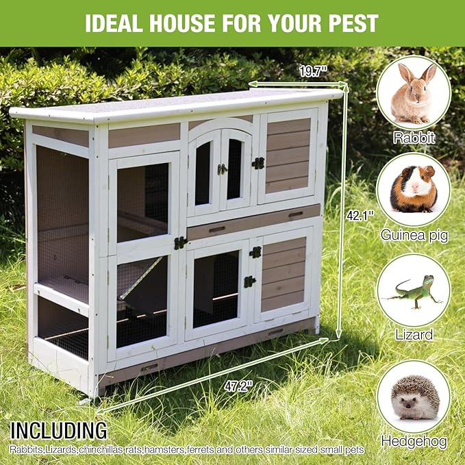 GUTINNEEN Rabbit Hutch Indoor and Outdoor Bunny Cage with Wheels Hamster House Guinea Pig Cages for Small to Medium Animals Waterproof Leakproof Tray