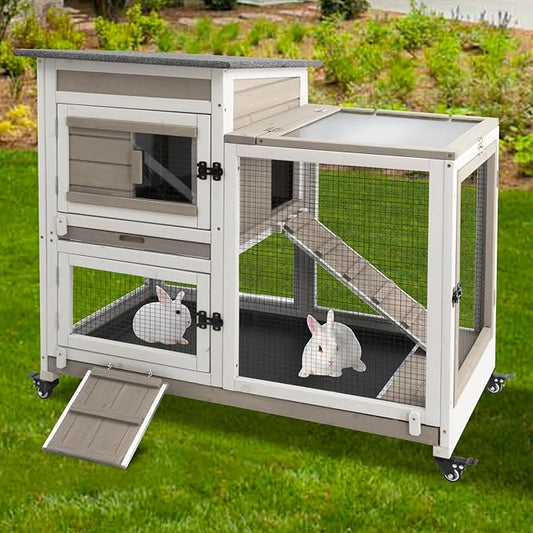 40" L Rabbit Hutch Indoor Wooden Bunny Hutch Outdoor 2 Story Rabbit Cage on Metal Wheels with Run and 2 Deeper Pull Out Trays Guinea Pig Pet House for Small Animals