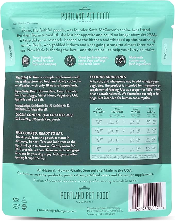 Portland Pet Food Company Rosie’s Beef N' Rice Fresh Dog Food Pouches - Human-Grade, Gluten-Free Wet Pet Meal Topper & Mixers - Small & Large Breed Puppy & Senior Dogs - Made in The USA - 8 Pack