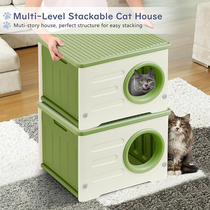 Plastic Cat House for Outdoor Indoor Use, Stackable Feral Cat Shelter Indoor Cat House Weatherproof Waterproof Elevated, with 2-Sided Cushion (Green)