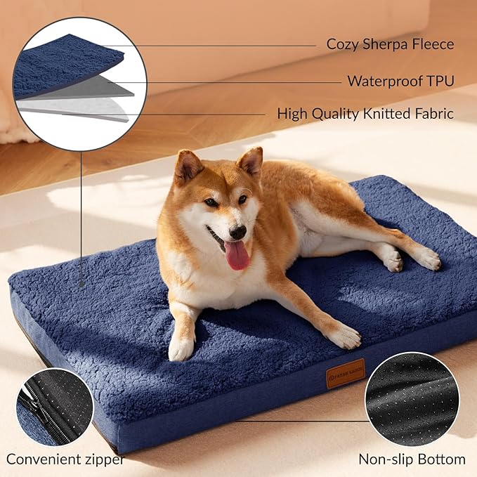 Patas Lague Orthopedic Dog Bed Large Sized Dog 36''X24'',Soft Waterproof Egg Crate Foam Medium Pet Crate Beds Mat with Removable Washable Cover and Non-Slip Bottom, Navy Blue