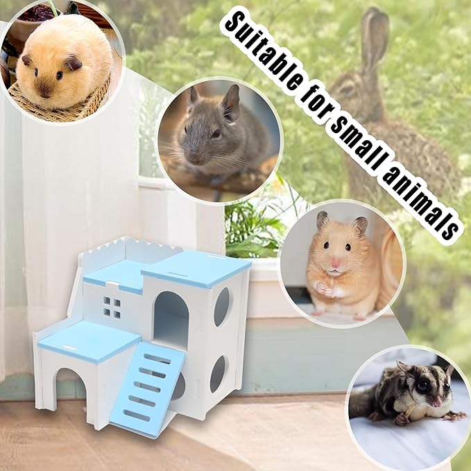 Blue Wooden Hamster Maze & Double-Decker Hut with Fun Slide - for Dwarf Hamsters, Mice, Gerbils, All Small Pets