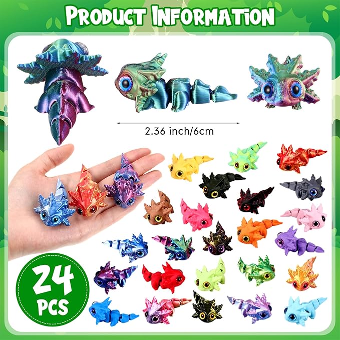 Honoson 24 Pcs 3D Printed Baby Axolotl Fidget Toy 3D Printed Small Animal Toy Flexible Cute Articulating Pet Stress Relief Fidget Toys for Play and Display