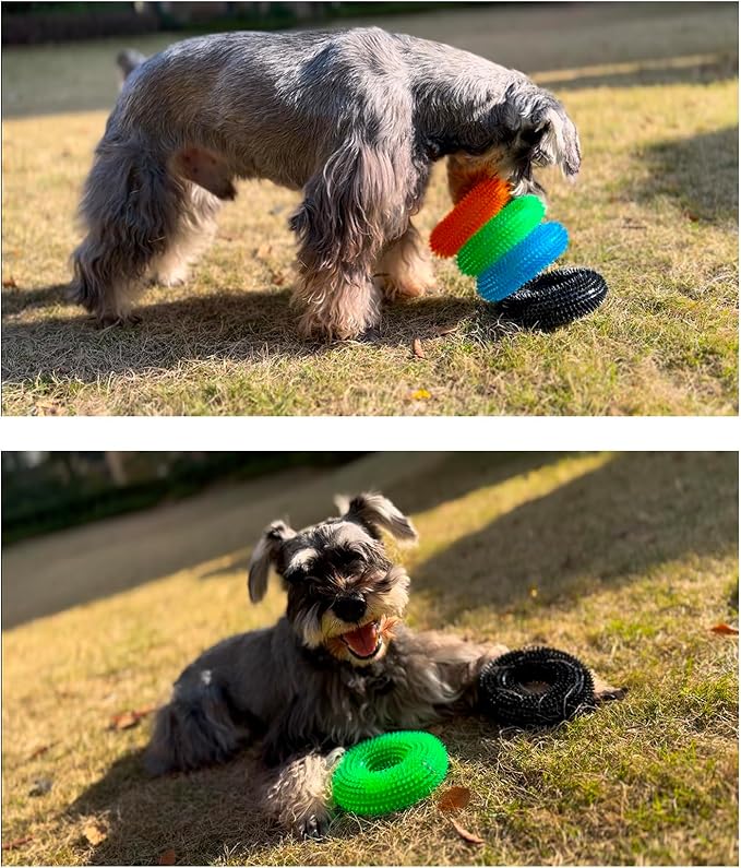 ADUCK Dog Squeaky Chew Toys for Aggressive Chewers, Small Medium Large Dogs Teeth Cleaning Soft Natural Rubber Float Toy for Indoor Outdoor Water Pool, Donut Ring Design 4.92 inch, Pack of 4