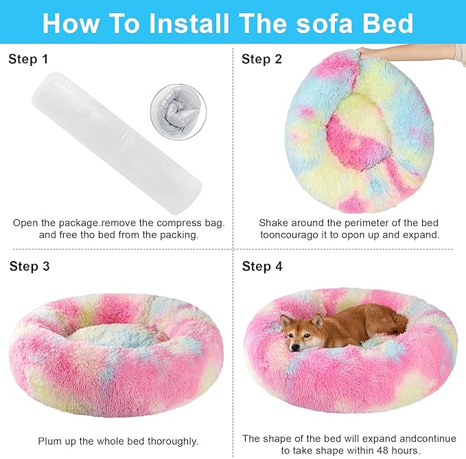 Dog Calming Beds for Small Medium Large Dogs - Round Donut Washable Puppy Dog Bed, Anti-Slip Faux Fur Fluffy Donut Cuddle Anxiety Cat Pet Bed(32'' Color)