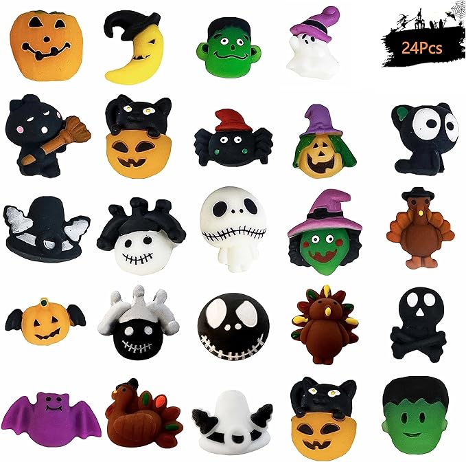 24Pcs Halloween Mochi Squishy Toys Stress Relief Squishies for Kids Girls Boys Halloween Party Favors Halloween Treat Bags Gifts
