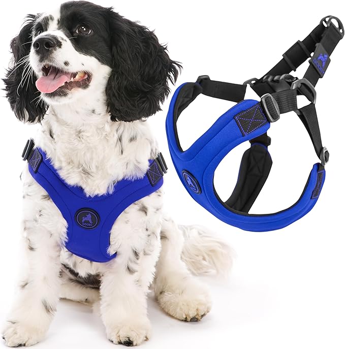 Gooby Escape Free Sport Harness - Blue, Medium - No Choke Step-in Patented Neoprene Small Dog Harness with Four-Point Adjustment - Perfect on The Go Dog Harness for Medium Dogs No Pull and Small Dogs