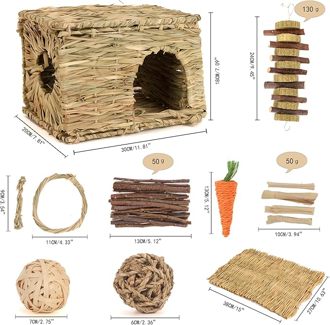 Bunny Grass House, Hand Woven Natural Grass Hideouts for Rabbit, Foldable Hut Play House for Hamster, Guinea Pig, Hamster, Chinchilla and Small Animals to Play with Bunny Chew Toys