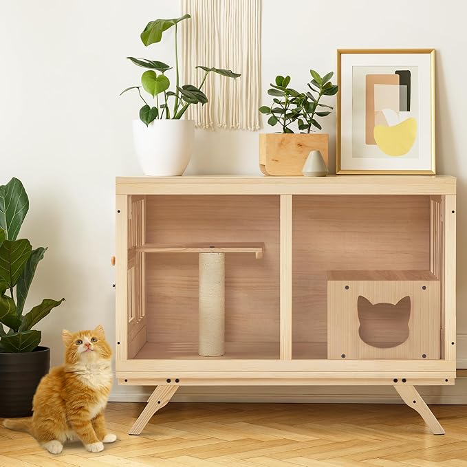 Lovupet Wooden Cat House Villa, TV Shape Luxury Cat Condo with Scratching Post and Escape Door, Kitten Cage Indoor CT55