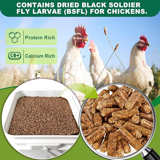 Chicken Feed, 5lb Dried Black Soldier Fly Larvae Pellets for Chickens, Processed Chicken Food for Laying Hens, Organic Chickens Feed with More Protein & Calcium Than Mealworms