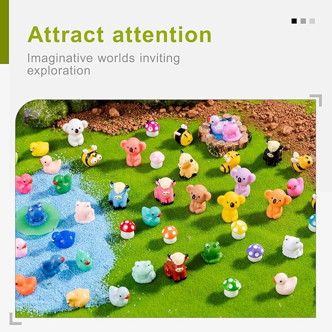 52pcs Mini Resin Animal Figures Bulk Duck Mushroom Frog Tiny Resin Animals Little Small Figures Miniatures for Party Favors Bag Fillers Dollhouse Decor