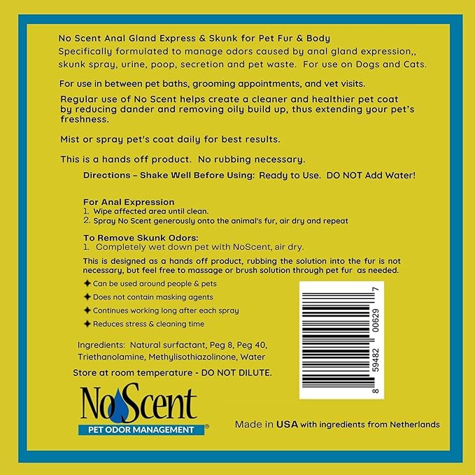 No Scent Anal Gland Express & Skunk - Professional Pet Grooming and Skunk Odor Eliminator & Cleaner - Safe Natural Fast Microencapsulating Spray on Fur Smell Remover for Dogs and Pets (2 oz x 2)
