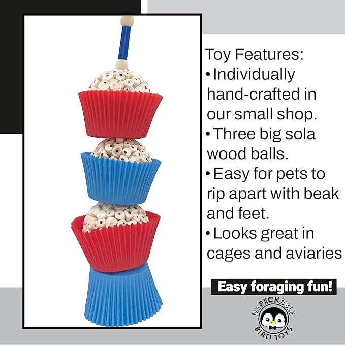 1932 American Sola Cake Stack Bird Toy with Sola Wood Paper Cups Beads and Bell for Chewing Fun, Handcrafted for Conures Quakers and Other Medium Pet Birds