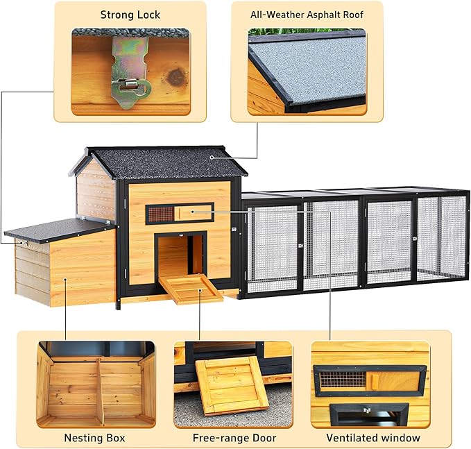 118" Extra Large Wooden Chicken Coop Outdoor Hen House with Dual Nesting Box, Leak-Proof Pull-Out Tray & Asphalt Roof – Predator-Proof Backyard Poultry Cage for Chickens and Small Farm Use Natural