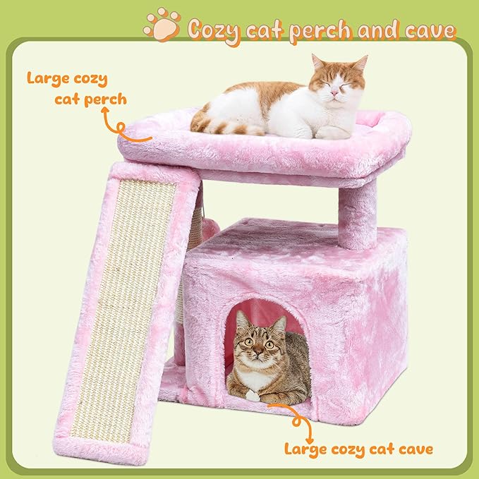Small Cat Tree for Indoor Cats, Cat Tower with Perch, Condo, House and Stable Stand for Kittens & Adult Pets（Pink）
