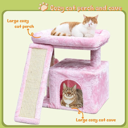 Small Cat Tree for Indoor Cats, Cat Tower with Perch, Condo, House and Stable Stand for Kittens & Adult Pets（Pink）