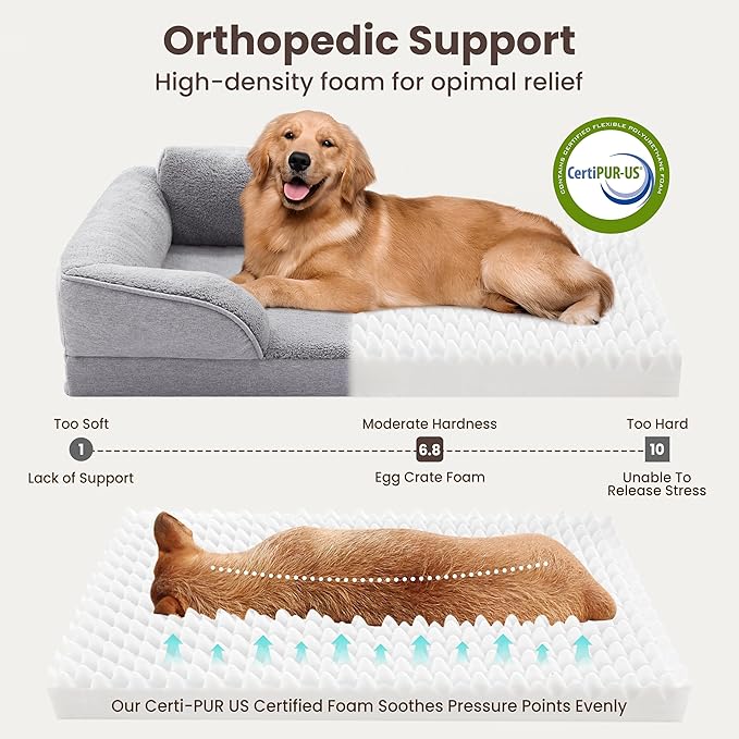 Orthopedic Dog Beds for Medium Size Dogs, Waterproof Egg-Crate Foam Pet Couch Bed with Soft Sides, Non-Slip Dog Sofa with Fleece Removable Washable Cover, 28"L Supportive Pet Sofa, Light Grey