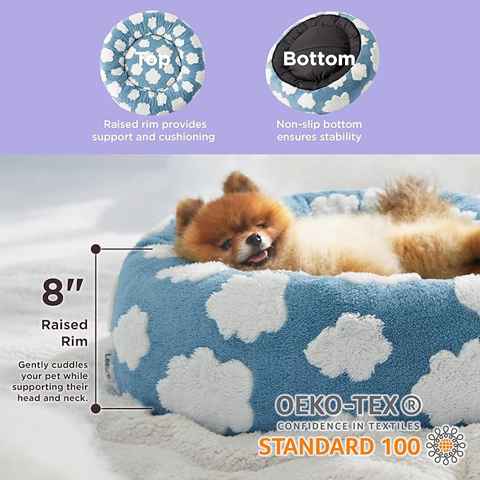 LE SURE Donut Dog Beds for Small Dogs - Round Cat Beds for Indoor Cats for Calming Pet with Washable Cover, Cute Modern Beds with Jacquard Shaggy Plush & Anti Slip Bottom, 23 Inch, Blue