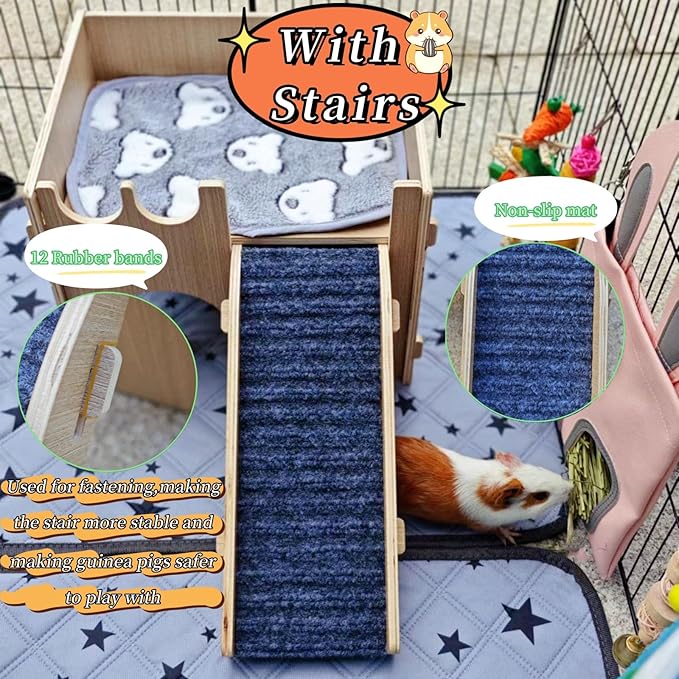 Guinea Pig Hideout, Small Animals House with | Mat Ramp | Cave | Blanket | Toy |, Wooden Detachable Castle for Guinea Pig Cages Accessories, Bed Hut Habitats for Hamster Bunny Playing Sleeping Hiding