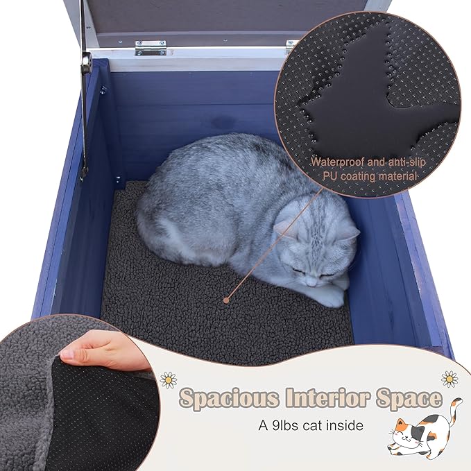 Deblue Outdoor Cat House with Self-Warming Mat, Weatherproof Cat House for Feral Cat, Cat Houses for Outdoor Cats (Blue House with Mat)