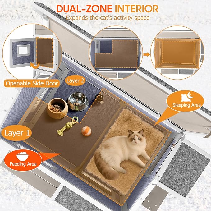 Insulated Cat House Outdoor Weatherproof with Balcony All-Round Insulation Outside Wooden Feral Cat Shelter for Winter with 3 Jumping Platforms and Openable Roof for Cats and Small Animals