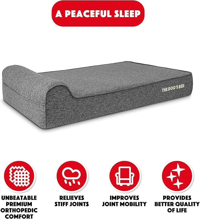 The Dog’s Bed Orthopedic Headrest Dog Bed XL Linen Grey 46x28, Memory Foam, Pain Relief for Arthritis, Hip & Elbow Dysplasia, Post Surgery, Lameness, Veterinary Approved, Waterproof Washable Cover