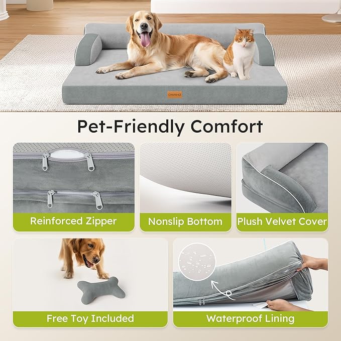 XL Plus Orthopedic Dog Bed, Big Dog Bed for Large Sized Dogs, Dual-Sided Pet Cooling Beds with Memory Foam Washable Cover Nonslip Bottom, Waterproof Pet Couch with Bolster, Light Grey