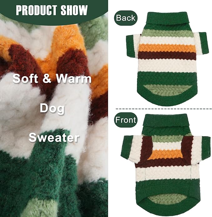 Dog Sweater, Classic Turtleneck Knitted Striped Dog Sweaters, Warm Sweater for Winter, Soft Christmas Sweaters for Boy Girl, Dogs Clothes for Small/Medium Cats, Doggys (Green, Medium)